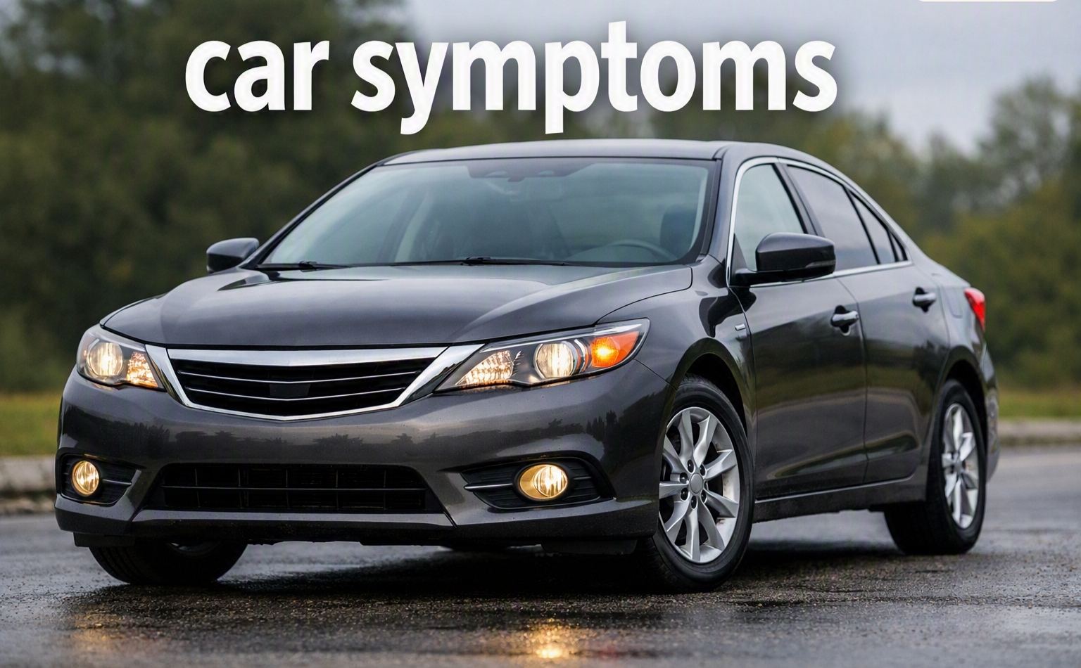 Grey saloon car with headlights on at dusk, illustrating MotorLoom's car symptoms guide