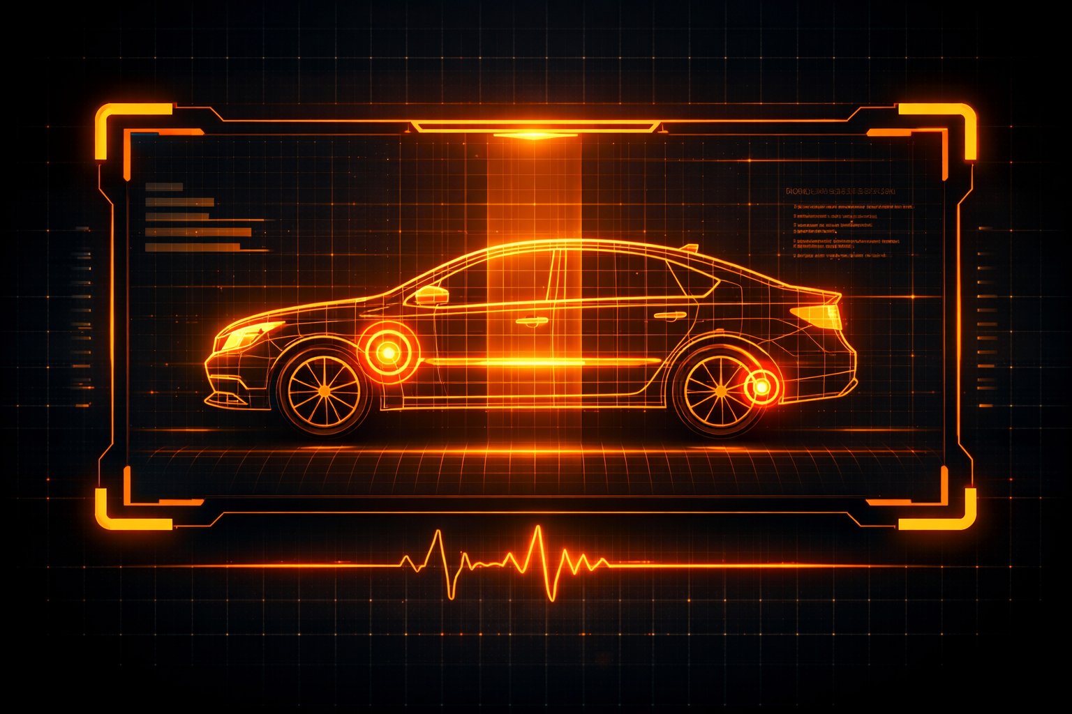 AI diagnostic scan of a car highlighting fault points at the wheels, illustrating how MotorLoom identifies car problems