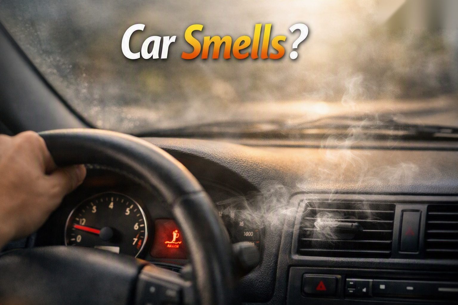 Smoke coming from a car dashboard vent with the engine warning light on