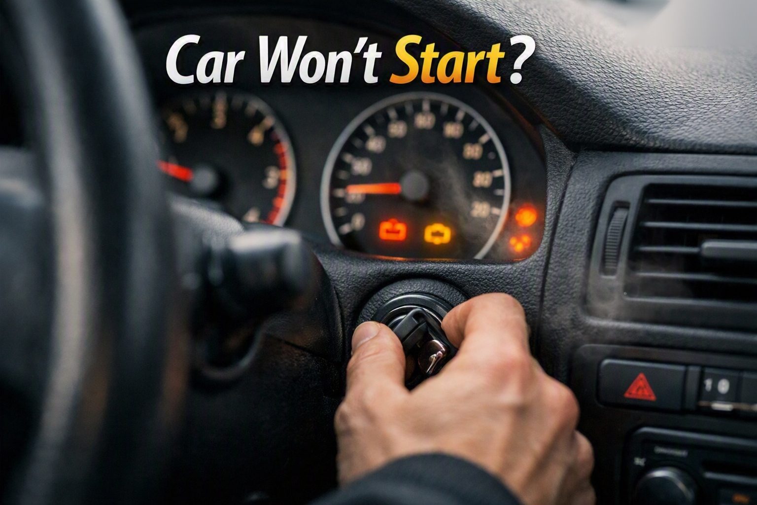 Driver turning the ignition key on a car dashboard showing battery and engine warning lights