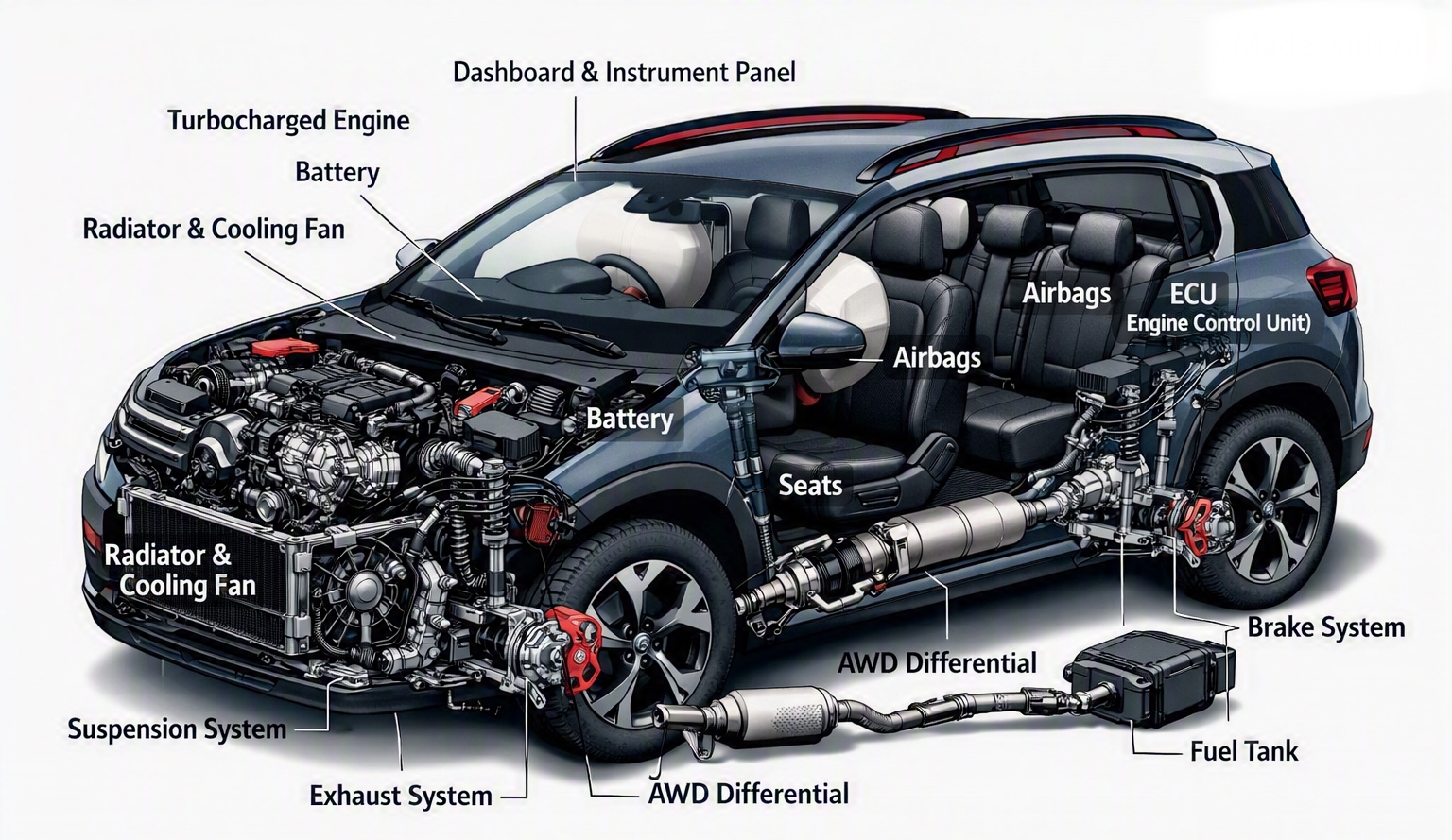 Illustrated cutaway diagram of a Citroën C5 Aircross-style SUV showing engine, battery, suspension, airbags and drivetrain components