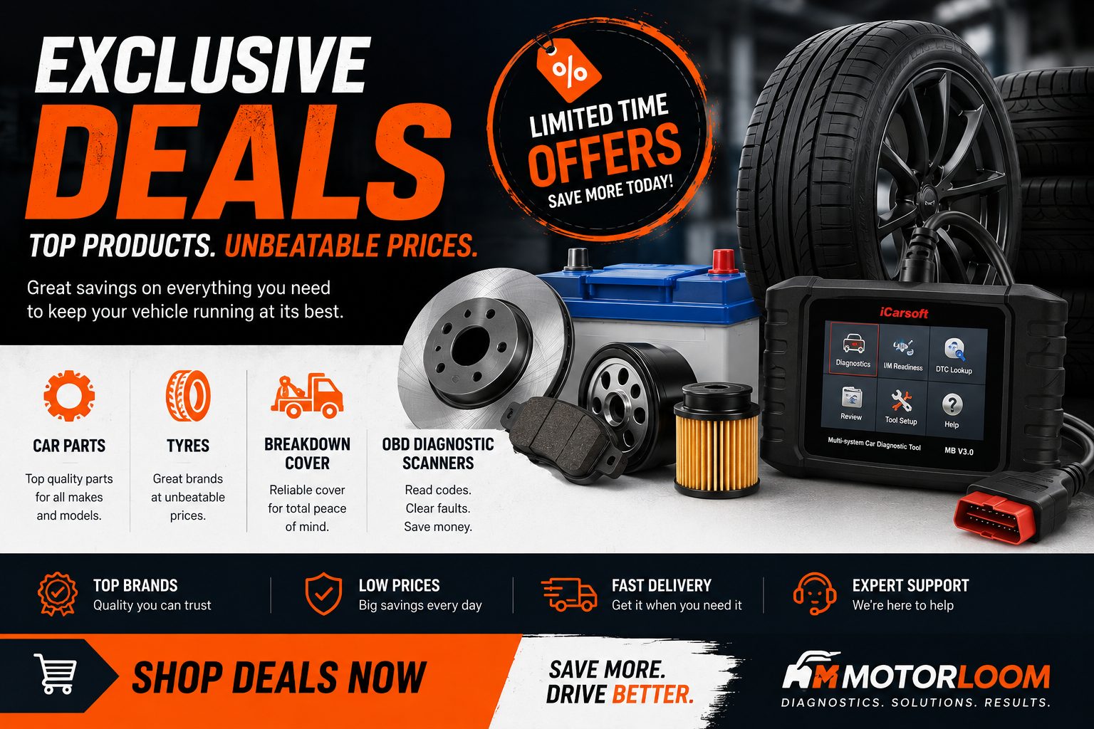 MotorLoom exclusive car deals banner featuring discounted car parts, tyres, a car battery, brake discs and pads, an oil filter, and an OBD diagnostic scanner, with a limited time offers badge