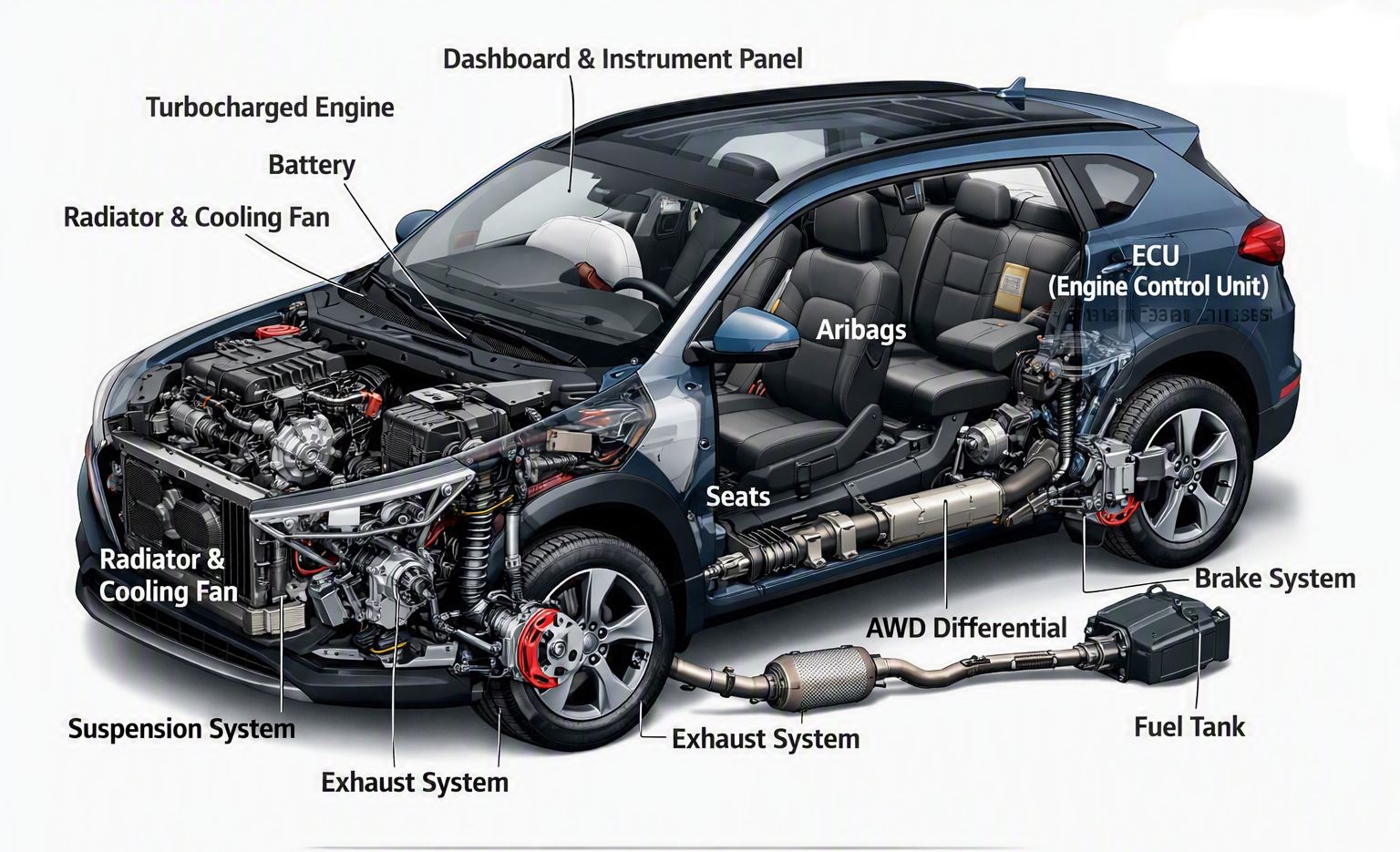 Illustrated cutaway diagram of a Hyundai Tucson-style SUV showing engine, battery, radiator, suspension, airbags and drivetrain components