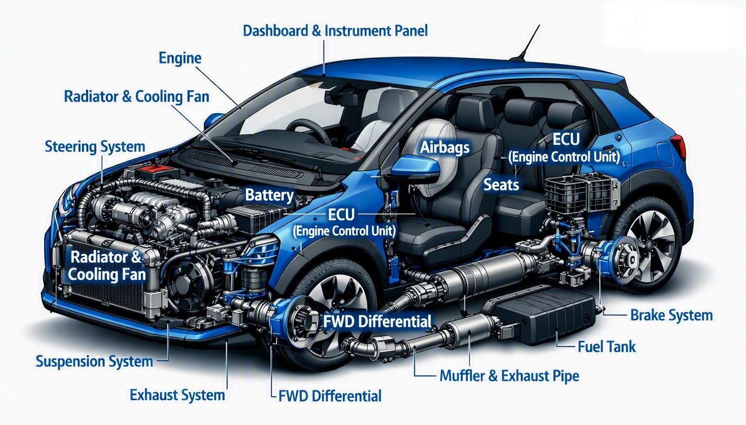 Citroën C4 Cactus cutaway diagram showing key component locations — engine, battery, ECU, FWD differential, brakes, fuel tank and exhaust system