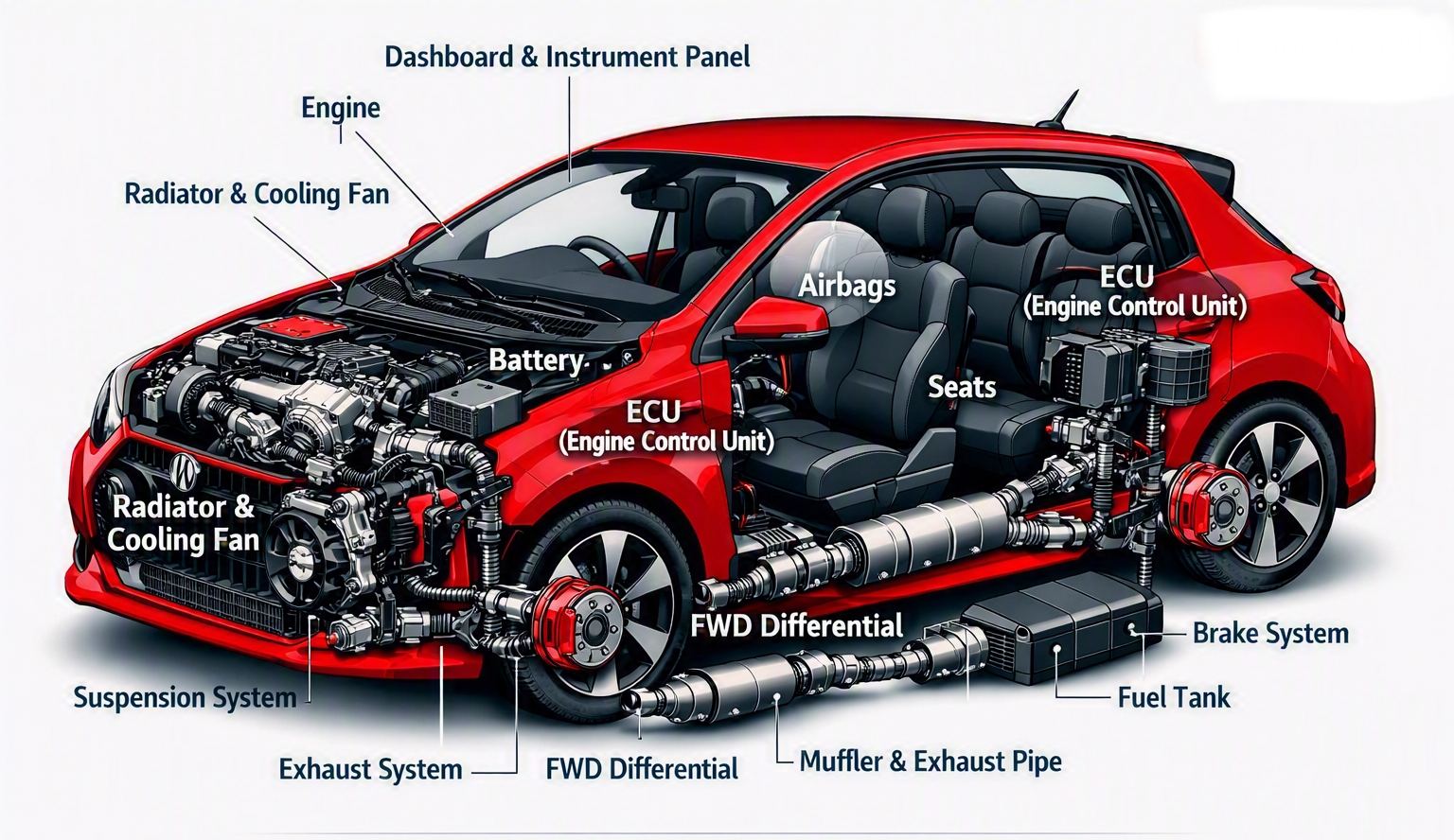 Peugeot 208 cutaway diagram showing key component locations — engine, battery, ECU, FWD differential, brakes, fuel tank and exhaust system
