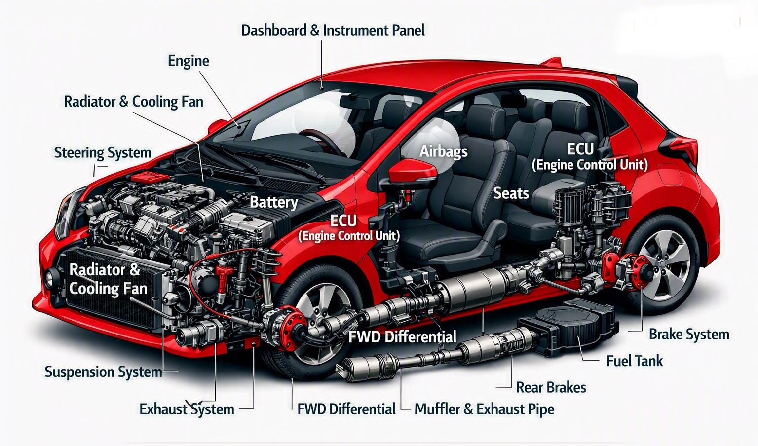 Toyota Yaris cutaway diagram showing key component locations — engine, battery, ECU, FWD differential, brakes, fuel tank and exhaust system