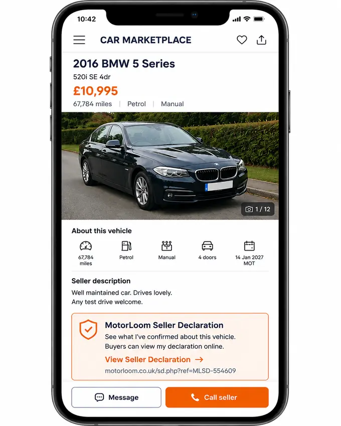 Example used car advert showing a MotorLoom Seller Declaration link