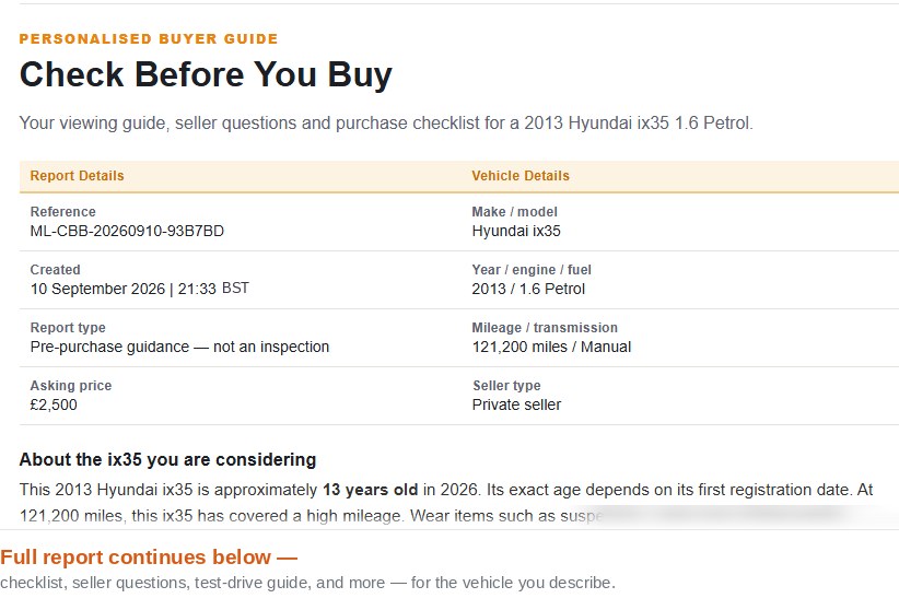 Sample MotorLoom Check Before You Buy report for a 2013 Hyundai ix35, showing the report reference, vehicle details table and the opening lines of the personalised vehicle analysis