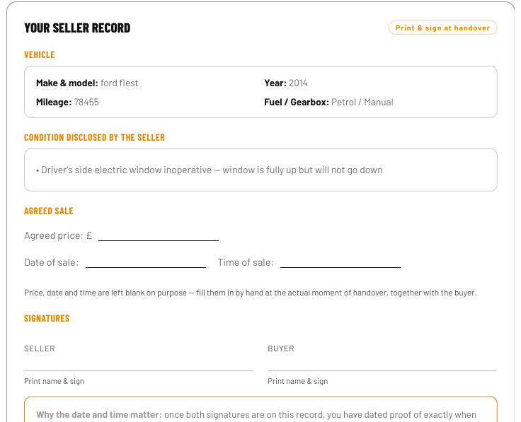 Sample MotorLoom Seller Record showing vehicle, condition, agreed sale and signature sections, with details blurred